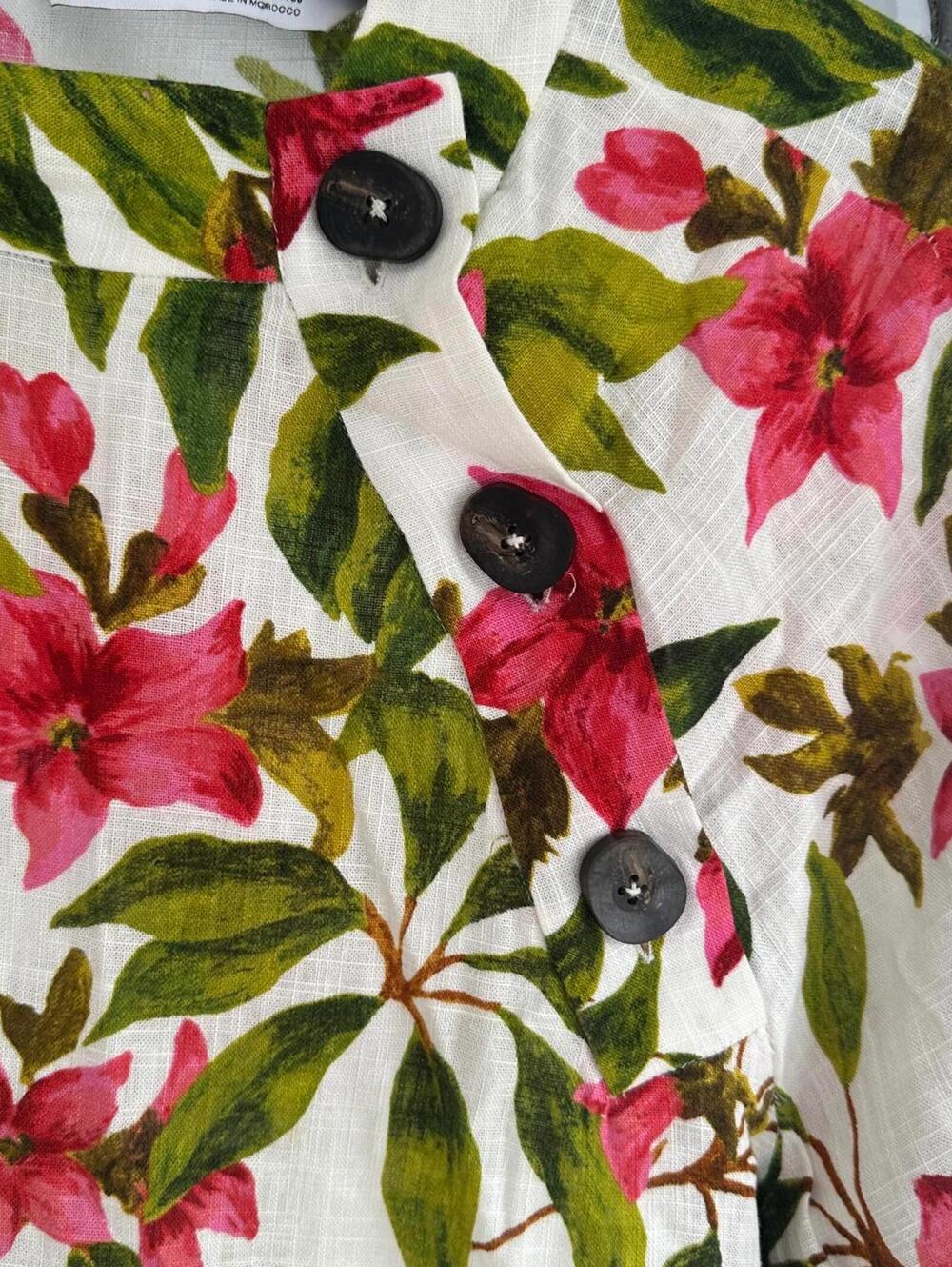 ZARA Floral Linen Blend Blouse Wood Button-up Collar Tropical Design - Large - Picture 3 of 7